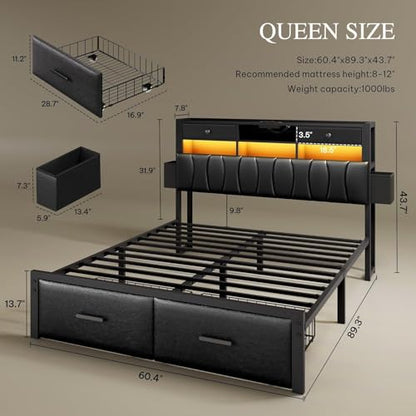 Queen Black Bed with Drawers and Charger, view 3