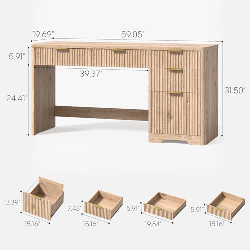 59" Fluted Executive Desk with Adjustable File Drawer, Oak, view 3