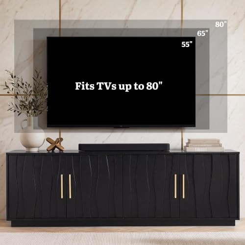 70" Mid Century Modern TV Stand for 80 Inch TV, Storage, Black, view 4