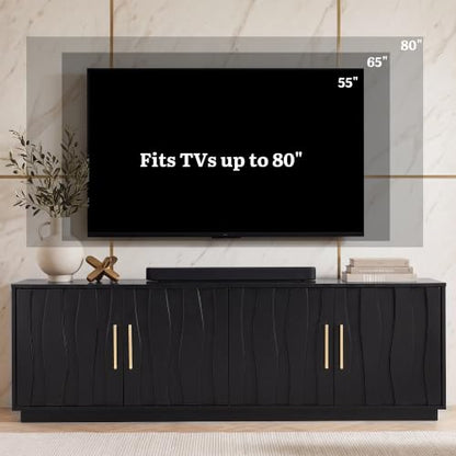 70" Mid Century Modern TV Stand for 80 Inch TV, Storage, Black, view 4