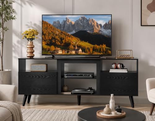 Mid-Century Modern TV Stand for 55 60 65 Inch TV, Entertainment Center with Extra Open Shelf & Storage Cabinets, Media TV Console for Living Room Bedroom Office, Black