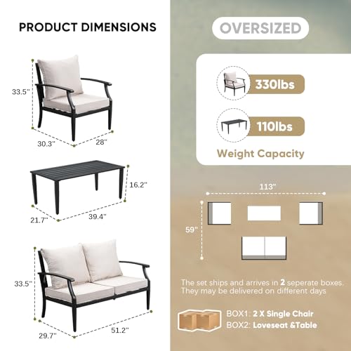 4 Pieces Patio Furniture Set w/loveseat,Coffe Table,Outdoor Conversation Metal Sofa with High Back and Thick Cushion,for Backyard,Garden,Beige