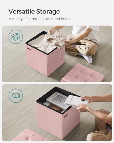 SONGMICS Small Storage Ottoman, Folding Ottoman Cube, 15 x 15 x 15 Inches, Footstool, Footrest, 11 Gal. (43 L), Velvet Surface, for Bedroom, Living Room, Dorm, Jelly Pink ULSF227R01