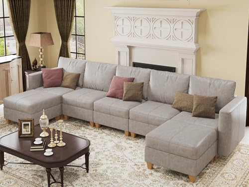 Faux Leather Sectional, Modular Sectional Sofa with Storage, Leather Couch U Shaped Couches for Living Room, Whitesand