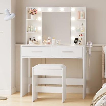 Vanity Desk with Mirror, Makeup Table, Matte White, view 3