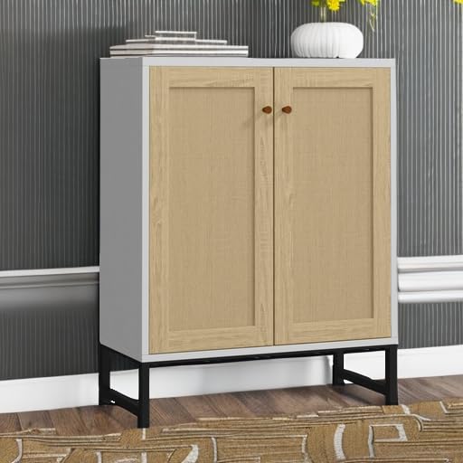 Rattan Decorated 2 Doors Storage Cabinet Accent Cabinet Living Room Cupboard Kitchen Sideboard Buffet Table (White)