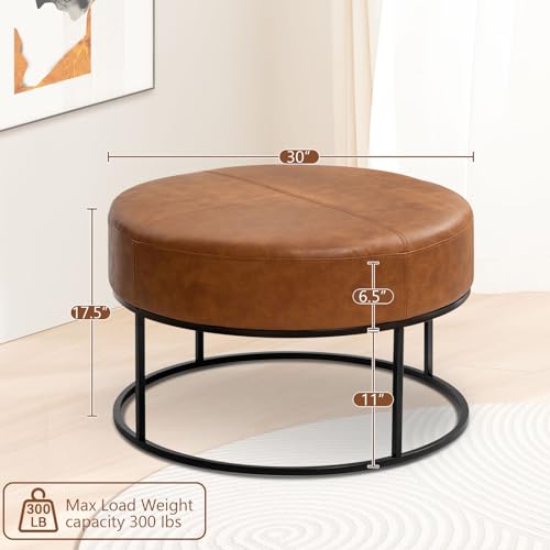 Modern Round Coffee Table, Farmhouse Ottoman for Living Room, Large Vintage Faux Leather Coffee Tables with Leather Upholstered Padded Seat [Round, Vintage Brown, 30'']