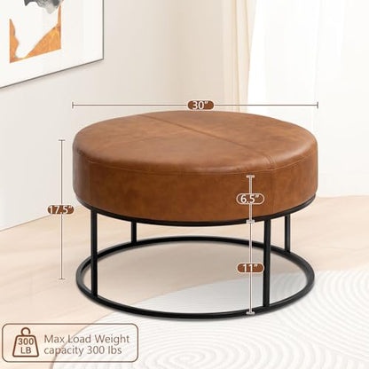 Modern Round Coffee Table, Farmhouse Ottoman for Living Room, Large Vintage Faux Leather Coffee Tables with Leather Upholstered Padded Seat [Round, Vintage Brown, 30'']