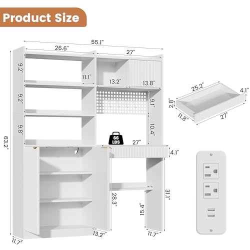 63" Tall Computer Desk with Hutch, Fluted Wood Computer Desk, Featuring Charging Station, Drawer and Storage Cabinet, for Home Office Work and Study (White)
