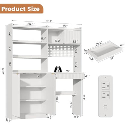 63" Tall Computer Desk with Hutch, Fluted Wood Computer Desk, Featuring Charging Station, Drawer and Storage Cabinet, for Home Office Work and Study (White)