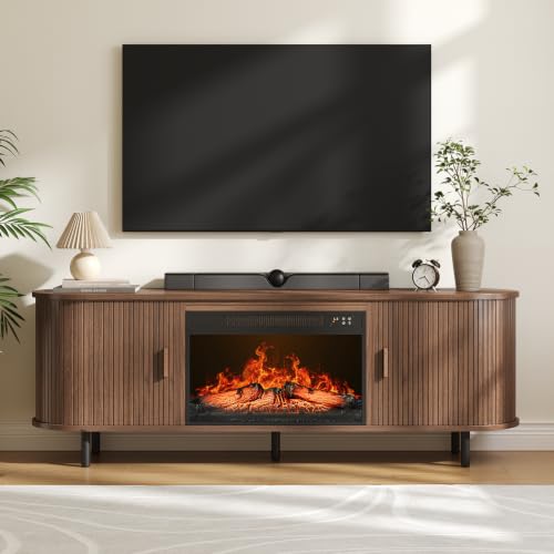 63" Fluted Fireplace TV Stand with 23" Electric Fireplace, Walnut, view 2