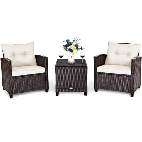 3 Pieces Patio Conversation Set, Outdoor Furniture Set PE Rattan Sofa Set with Removable Cushions, PE Wicker Chairs with Tempered Glass Side Table for Porch Lawn Garden Balcony Backyard