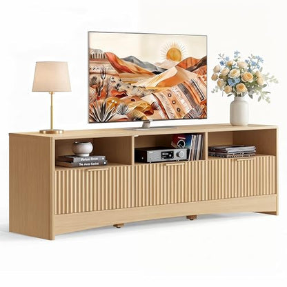 Fluted TV Stand for 65 inch TV, Modern Entertainment Center with Drawers, Boho TV Stands Wood Media Console Cabinet with Storage and Shelves, TV Consoles for Living Room, Bedroom, Oak