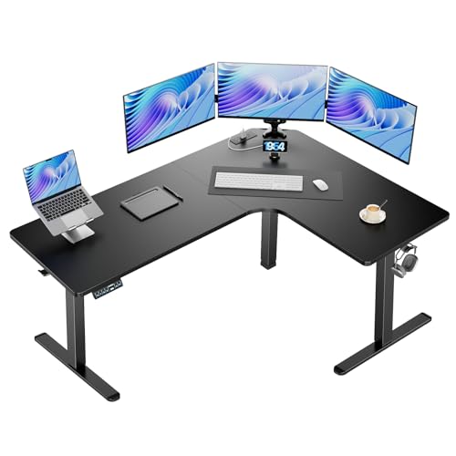 63″ L-Shaped Standing Desk, Built-in Power Outlets, Electric Height Adjustable Corner Computer Desk, Large Power Strip Holder, Sit Stand Up Desk with 3 Preset Heights, Black