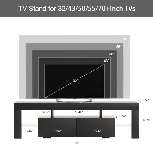 TV Stand, Modern Lighting TV Cabinet Entertainment Center Media and Open Shelf, TV Console Table with 1 Drawer and Remote Control, 20 Color LED Lights up to 70 Inch TV (Black)
