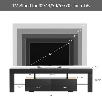 TV Stand, Modern Lighting TV Cabinet Entertainment Center Media and Open Shelf, TV Console Table with 1 Drawer and Remote Control, 20 Color LED Lights up to 70 Inch TV (Black)