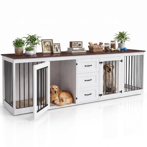 92.8" Double Dog Crate Furniture with 3 Drawers, Dog Kennel Indoor, view 2