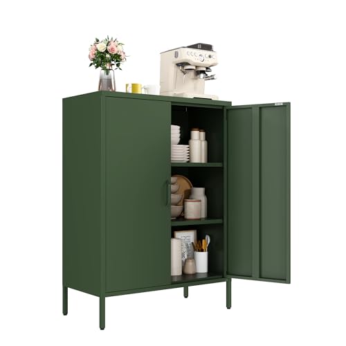 Metal Locker Cabinet, Green Storage Cabinets with 2 Doors and Adjustable Shelves, 3 Tier Modern Storage Freestanding Sideboard for Living Room,School,Office Home Kitchen and Coffee Bar