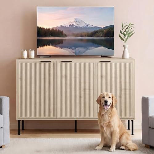 Modern Buffet Sideboard Cabinet with Storage, Fluted Coffee Bar with 3 Doors and Adjustable Shelves, Wood Console Cabinet for Dining Room, Kitchen, Living Room, Entryway