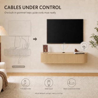 55" Fluted Floating TV Stand, Wall-Mounted Media Console (Natural), view 7
