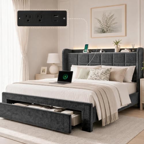 Queen Bed Frame with Storage Drawer, Queen Upholstered Bed Frame with Headboard, view 2