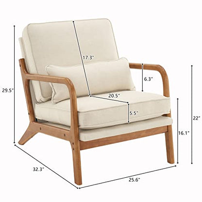 Mid-Century Accent Reading Chairs Set of 2, Beige | Linen Upholstered, Solid Wood Frame, Soft Cushion, Lumbar Pillow, Lounge Armchair for Living Room, Bedroom, Balcony, Study
