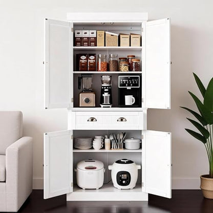71-Inch White Storage Cabinets with Drawers, Freestanding Pantry Cabinets with Doors and Shelves Adjustable, Wood Farmhouse Kitchen Pantry Cupboard