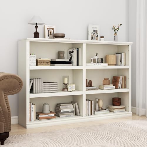 64" W Double Wide Open Shelf Bookcase, 3 Tiers 6 Storage Cube Book Shelf | Horizontal bookshelf, Display Cabinet Organizer Indoor Furniture, Home Library Office, White Adjustable Shelf