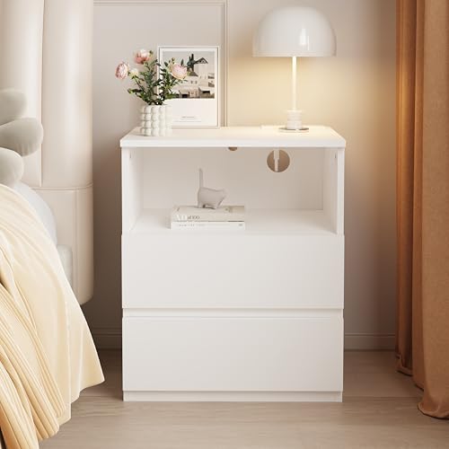 (Set of 2) End Table with Fast USB C Charging Station, Sofa Side Table with 2 Drawers, Large Storage Wood Storage Cabinet for Living Room,Bedroom,Office, White