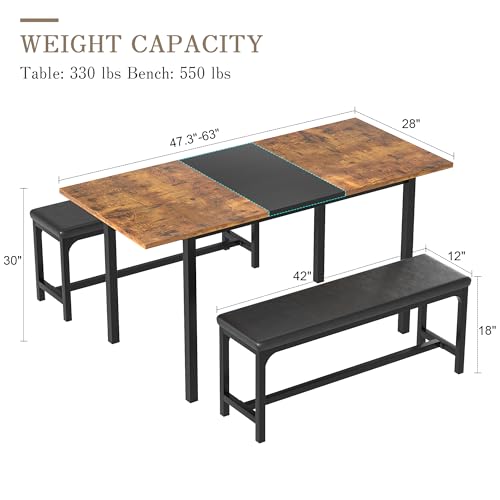 3-Piece 63" Extendable Kitchen Table with Benches/Chairs, Modern Breakfast Dinette/Dining Room Set for 4/6/2, Small Space Saving Design, Easy Assembly