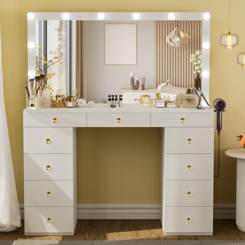 Vanity Desk with Mirror and Lights, White Vanity with Hidden Jewelry Storage Cabinet, Charging Station, 11 Drawers Makeup Vanity with Lights, Crystal Knobs, 3 Color Lighting Modes for Girls