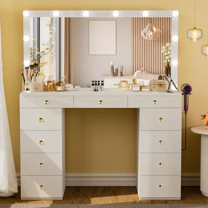 Vanity Desk with Mirror and Lights, White Vanity with Hidden Jewelry Storage Cabinet, Charging Station, 11 Drawers Makeup Vanity with Lights, Crystal Knobs, 3 Color Lighting Modes for Girls
