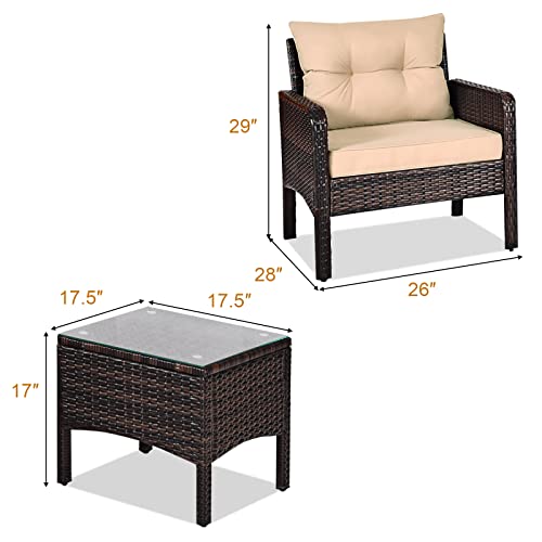3 Piece Patio Furniture Set, Outdoor Wicker Conversation Bistro Set with 4 Cushions, All Weather PE Rattan Furniture Set for Garden, Backyard, Porch, Poolside (Beige)