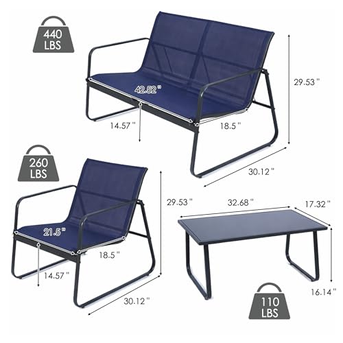 Sofia 4-Piece Patio Conversation Set, Outdoor Furniture Set with Loveseat, 2 Chairs & Table, Breathable Textilene Seating, Powder-Coated Metal Frame, All-Weather for Balcony Backyard Navy Blue