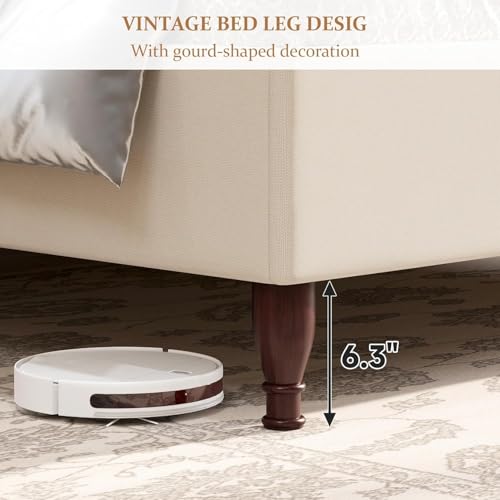 King Size Upholstered Bed Frame with 51'' Tall Headboard, Beige, view 7