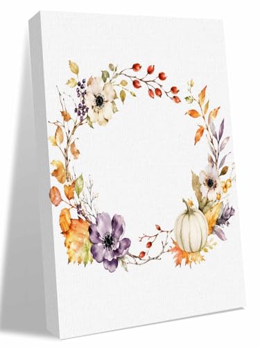 NuYeBiofx Autumn Pumpkin Flower Leaf Canvas Wall Art Prints,48"x32" Framed Picture Artwork Thanksgiving Plant Wreath Printed Canvas Oil Painting for Living Room Bedroom Office,Ready to Hang
