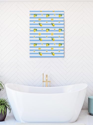 NuYeBiofx Country Lemon Flower Blue Stripe Canvas Wall Art Prints,30"x20" Framed Picture Artwork Farmhouse Fruit Floral Line Printed Canvas Oil Painting for Living Room Bedroom Office,Ready to Hang