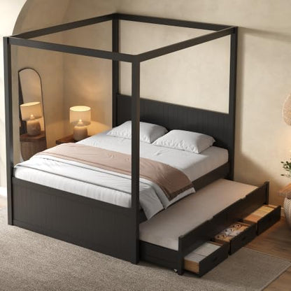Queen Canopy Platform Bed with Twin Trundle & Storage Drawers, Black, view 2
