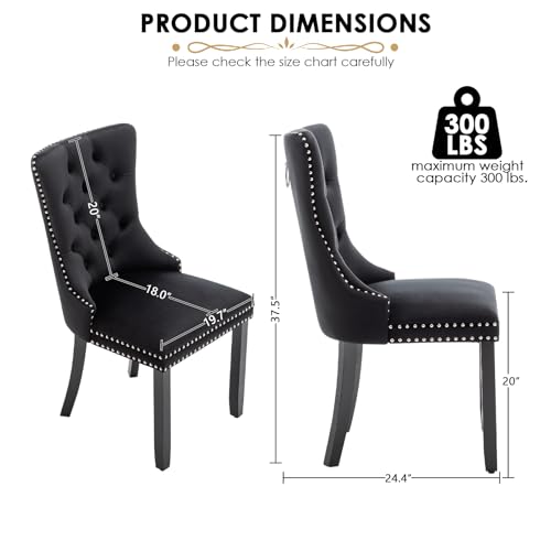 Velvet Dining Chairs Set of 4, Upholstered Dining Room Chairs with Ring Pull Trim and Button Back, Luxury Tufted Dining Chairs for Living Room, Bedroom, Kitchen (Black)