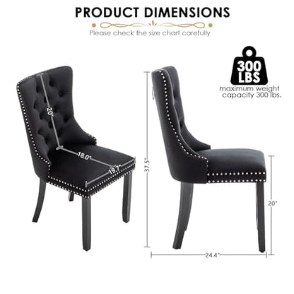 Velvet Dining Chairs Set of 4, Upholstered Dining Room Chairs with Ring Pull Trim and Button Back, Luxury Tufted Dining Chairs for Living Room, Bedroom, Kitchen (Black)