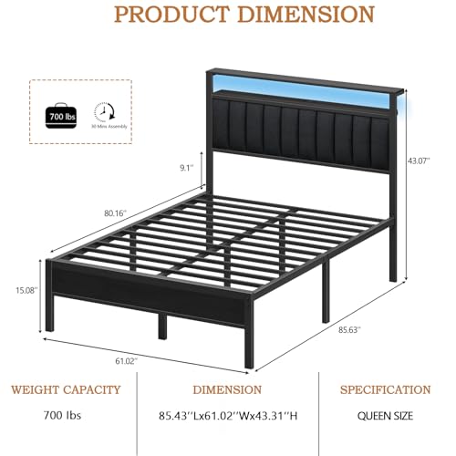 Queen Size Bed Frame with Charging Station and LED Lights, view 3