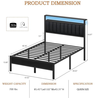 Queen Size Bed Frame with Charging Station and LED Lights, view 3