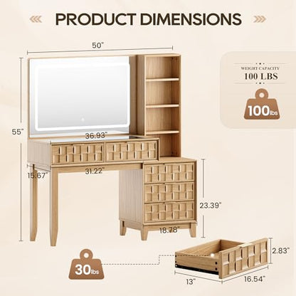 50" Large Glass Top Vanity Desk, Natural Wood, view 3