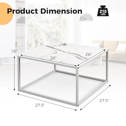 Square Coffee Table with Faux Marble Tabletop & Steel Frame, Center Cocktail Table, Accent Living Room Furniture, Low Bedside Table, Easy Assembly (White)