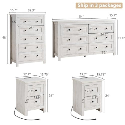 4 Pieces Farmhouse Bedroom Set, 1 X Wood Rustic 6 Drawer Storage Dresser, 1 X 5 Drawer Dresser, Nightstand Set of 2 with Charging Station, Farmhouse Bedroom Furniture Set, Rustic White