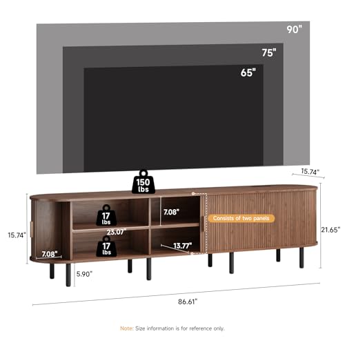 86.6" TV Stand with Power Outlet, Mid-Century Modern Television Stand, Fluted Media Console with Sliding Doors, Entertainment Center for TVs up to 90 Inch, Adjustable Shelves, Walnut