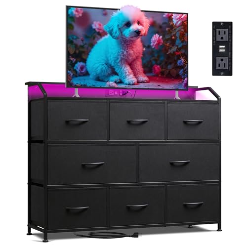 Dresser for Bedroom, 8 Drawer LED Dresser with Outlet, Black, view 2