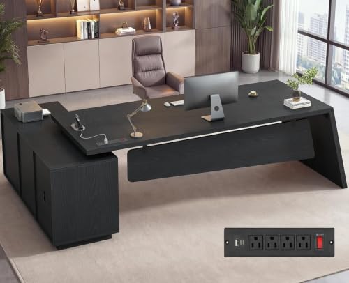 78" L-Shaped Executive Desk with Charging Station, File Cabinet, view 2