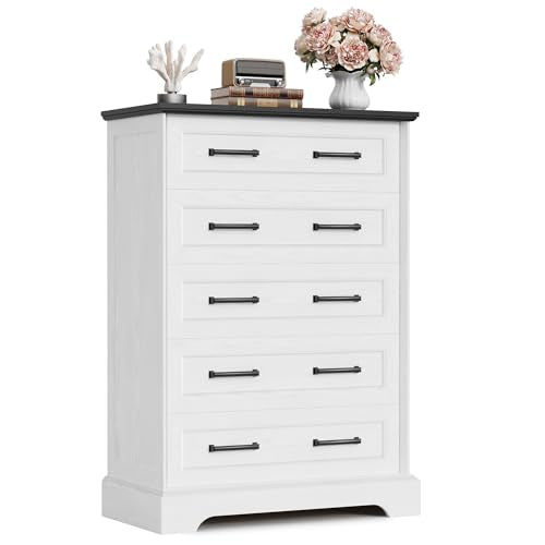 Farmhouse Dresser for Bedroom, 5 Drawers Dresser, White & Black, view 2