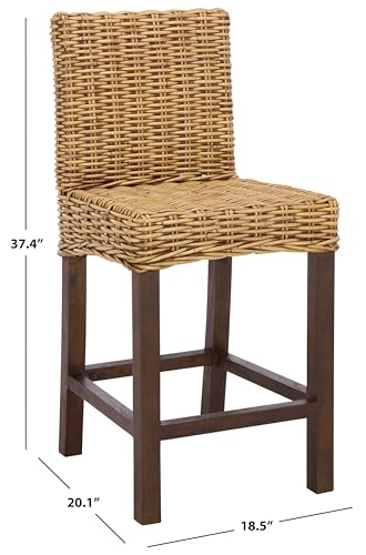 SAFAVIEH Furniture - Tobie Rattan Counter Stool - 23.62" Seat Height - White-Washed - Mango Wood - Coastal Rattan-Seat Design - Ideal for Kitchen, Bar Area, Dining Room - Fully Assembled (BST6501C)